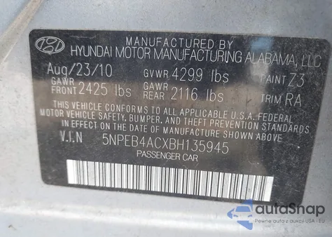 2011 Hyundai Sonata Gls z USA, uszkodzony, nr VIN 5NPEB4ACXBH135945